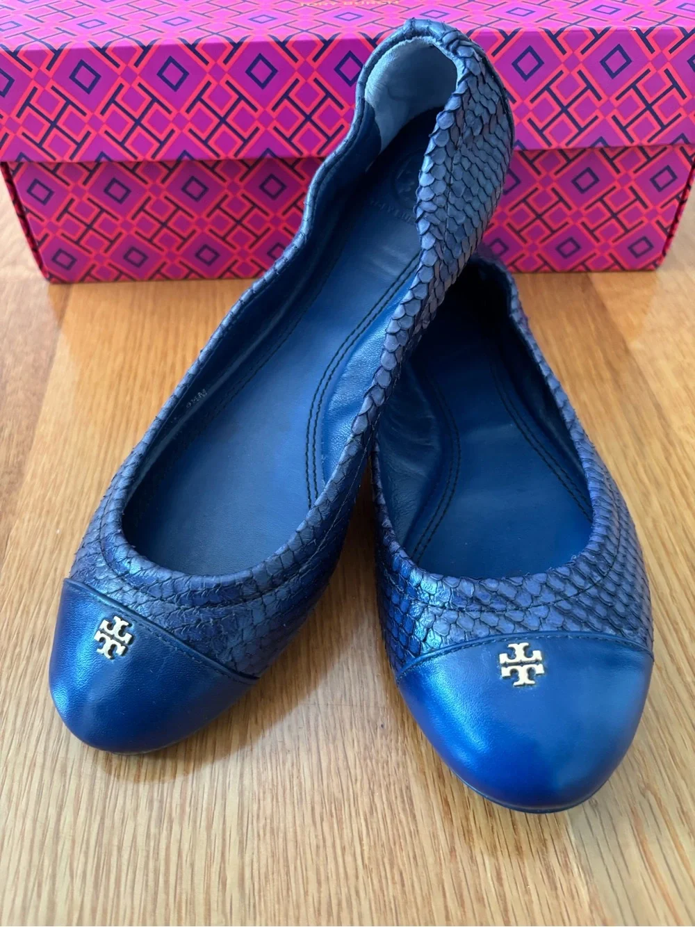 Tory Burch Metallic Blue Leather & Snakeskin Ballet Flats